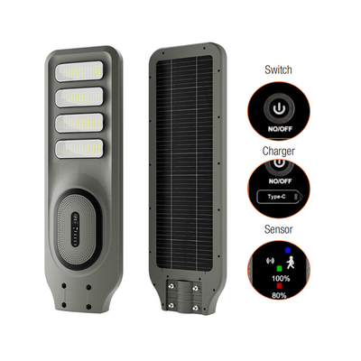 TR-OS A lâmpada de rua integrada solar com sensores do corpo humano é equipada com um interruptor, porta de carregamento rápido Tipo-C A cor pode ser personalizada.