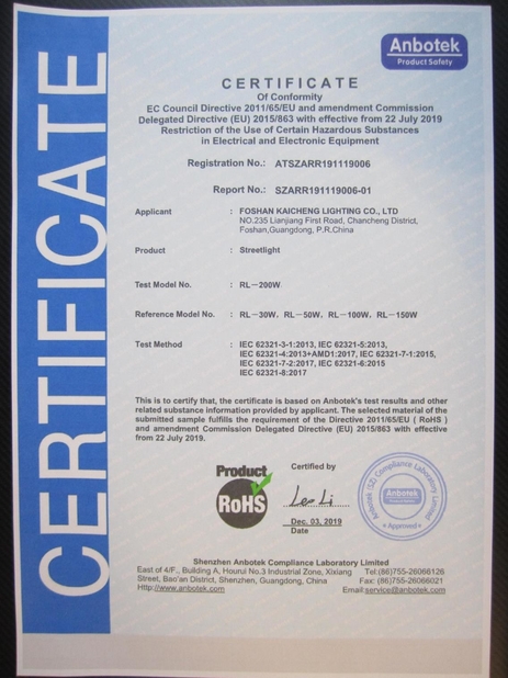 CHINA Foshan Kaicheng Lighting Co., Ltd. Certificações